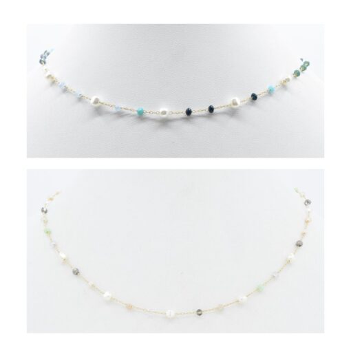 DAINTY STONE BEAD & PEARL STATION NECKLACE. MINT/MULTI, LIGHT MULTI. SOLD IN SETS OF 2 ONLY