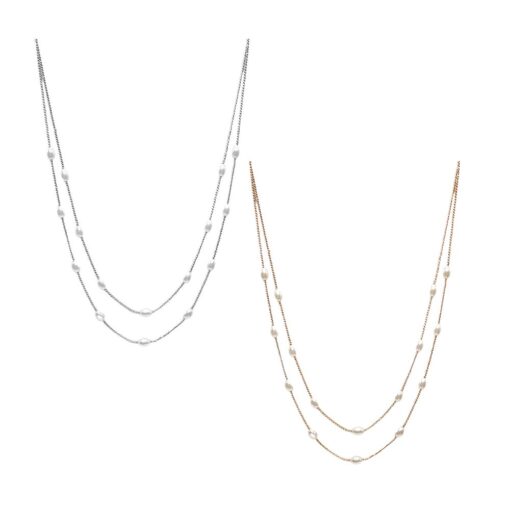 TWO LAYER PEARL STATION NECKLACE. SILVER, GOLD. SOLD IN SETS OF 2 ONLY.