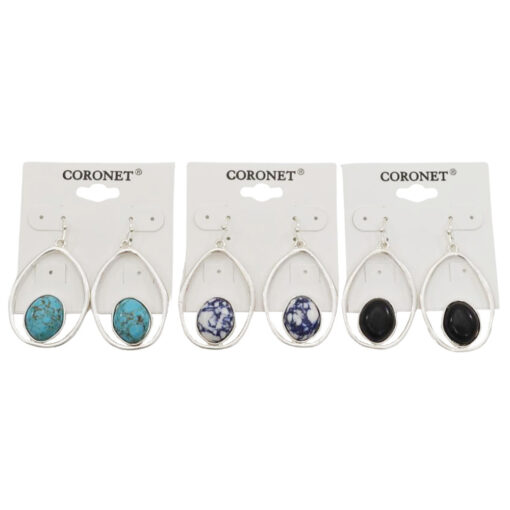 SILVER WITH STONE TEARDROP PIERCED EARRINGS. TURQUOISE, BLUE, JET. SOLD IN SETS OF 3 ONLY.