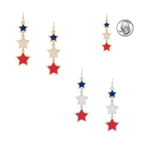 RED, WHITE, & BLUE ENAMEL STARS DROP PIERCED EARRINGS. GOLD, SILVER. SOLD IN SETS OF 2 ONLY.