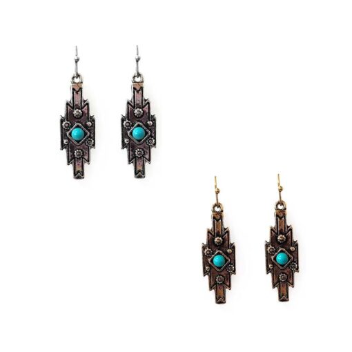 WESTERN WITH FAUX TURQUIOSE PIERCED EARRINGS. SILVER, GOLD. SOLD IN SETS OF 2 ONLY.