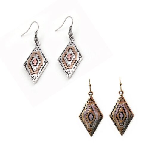 DIAMOND SHAPE WESTERN PIERCED EARRINGS. TRI-TONE, TWO-TONE. SOLD IN SETS OF 2 ONLY.