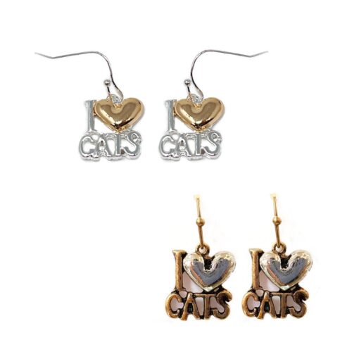 I LOVE CATS PIERCED EARRINGS. SILVER/GOLD, GOLD/SILVER. SOLD IN SETS OF 2 ONLY.