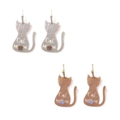 BRASS CAT MOM PIERCED EARRINGS. SILVER, GOLD. SOLD IN SETS OF 2 ONLY.