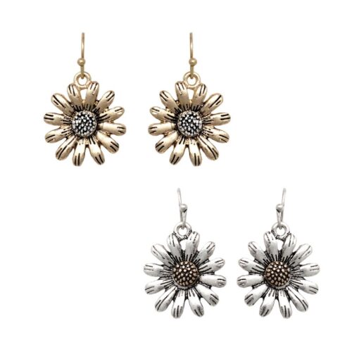 SUNFLOWER PIERCED EARRINGS. GOLD, SILVER. SOLD IN SETS OF 2 ONLY.