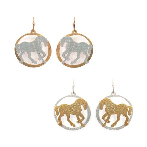 TWO TONE BRASS HORSE PIERCED EARRINGS. SILVER/GOLD, GOLD/SILVER. SOLD IN SETS OF 2 ONLY.