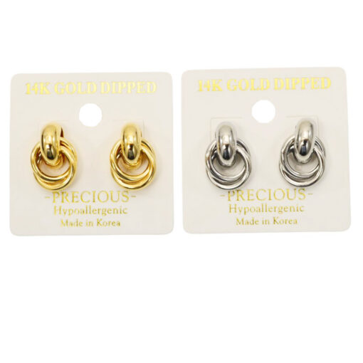 DOUBLE RING DROP PIERCED EARRINGS. GOLD, SILVER. SOLD IN SETS OF 2 ONLY.