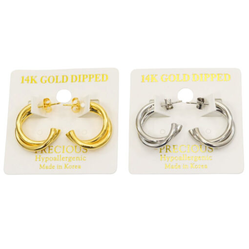 TRIPLE LOOP HOOP PIERCED EARRINGS. GOLD, SILVER. SOLD IN SETS OF 2 ONLY.