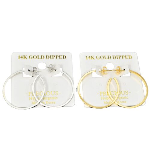 14K GOLD DIPPED POLISHED LARGE HOOP PIERCED EARRINGS. SILVER, GOLD. SOLD IN SETS OF 2 ONLY.