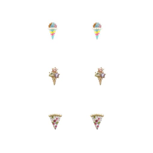 SMALL CRYSTAL NOVELTY POST EARRINGS. SNOW CONE, ICE CREAM CONE, PIZZA SLICE. SOLD IN SETS OF 3 ONLY.