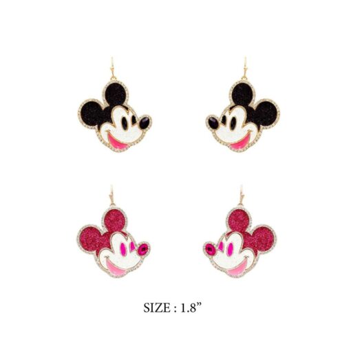 MOUSE GLITTER PIERCED EARRINGS. BLACK, PINK. SOLD IN SETS OF 2 ONLY.