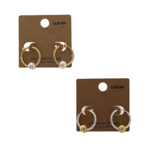 CLIP ON SMALL SPRING HOOP EARRINGS WITH METAL BEAD. GOLD/SILVER, SILVER/GOLD. SOLD IN SETS OF 2 ONLY