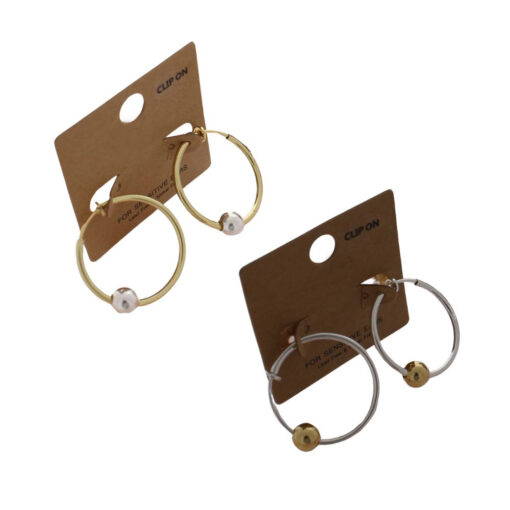 CLIP ON LARGE SPRING HOOP EARRINGS WITH METAL BEAD. GOLD/SILVER, SILVER/GOLD. SOLD IN SETS OF 2 ONLY