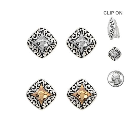 ORNATE SQUARE CLIP ON EARRINGS. SILVER, TWO-TONE. SOLD IN SETS OF 2 ONLY.