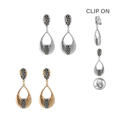 TEARDROP TAILORED FILIGREE CLIP ON EARRINGS. SILVER, GOLD. SOLD IN SETS OF 2 ONLY.