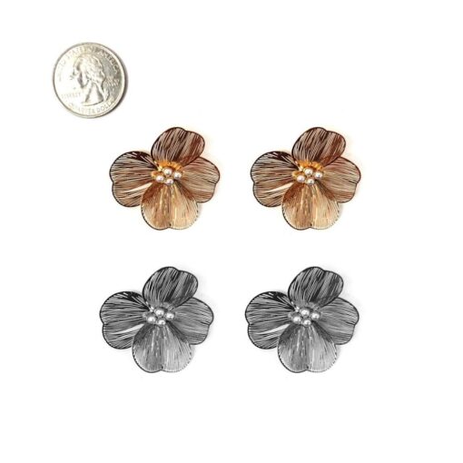 LASER CUT METAL FLOWER WITH PEARL CENTER PIERCED EARRINGS. GOLD, SILVER. SOLD IN SETS OF 2 ONLY.