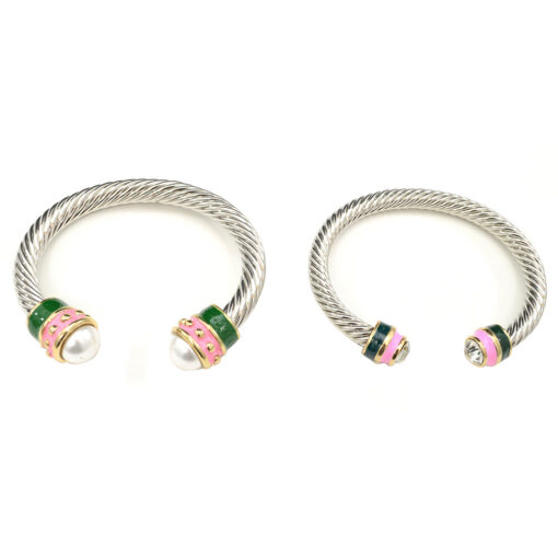 AKA SORORITY PINK & GREEN CABLE BANGLE BRACELET. PEARL, CRYSTAL. SOLD IN SETS OF 2 ONLY.