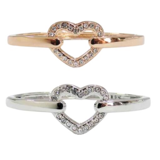 HEART & CRYSTAL HINGED BANGLE BRACELET. GOLD, SILVER. SOLD IN SETS OF 2 ONLY