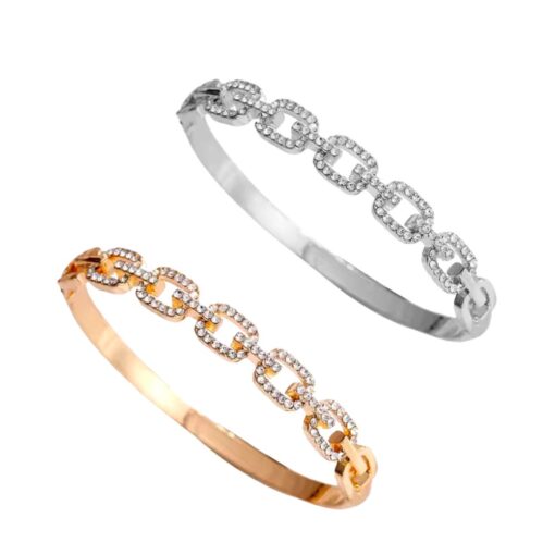 OPEN LINK WITH CRYSTALS HINGED BANGLE BRACELET. SILVER, GOLD. SOLD IN SETS 2 ONLY.