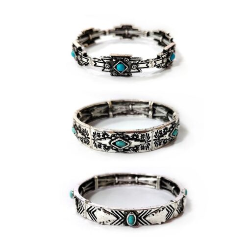 WESTERN ANTIQUE SILVER & TURQUOISE STRETCH BRACELET. SOLD IN SETS OF 3 ONLY.