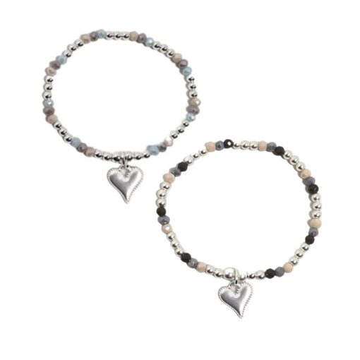 BEADED SILVER HEART CHARM STRETCH BRACELET. LIGHT MULTI, DARK MULTI. SOLD IN SETS OF 2 ONLY.