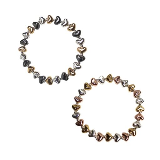 TRI-TONE METAL HEART BEAD STRETCH BRACELET. SOLD IN SETS OF 2 ONLY.