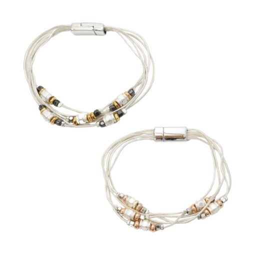 MULTI ROW BEADED METAL MAGNETIC BRACELET. HEMI/SILVER/GOLD, SILVER/ROSE GOLD. SOLD IN SETS OF 2 ONLY.