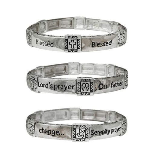 SILVER RELIGIOUS STRETCH BRACELET. BLESSED, LORD'S PRAYER, SERENITY PRAYER. SOLD IN SETS OF 3 ONLY.