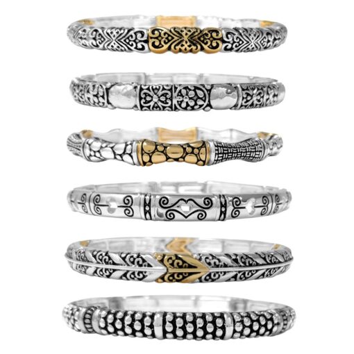 TAILORED METAL THIN STRETCH BRACELET. ASSORTMENT INCLUDES 3 SILVER & 3 TWO-TONE. SOLD IN SETS OF 6 ONLY.