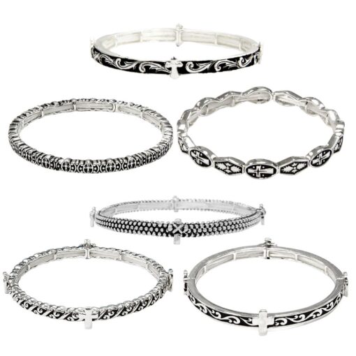 ASSORTED SILVER WITH CROSS THIN STRETCH BRACELETS. SOLD IN SETS OF 6 ONLY.