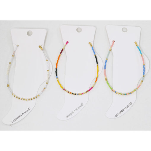 GOLD & SEED BEAD ANKLET. WHITE, DARK MULTI, LIGHT MULTI. SOLD IN SETS OF 3 ONLY.