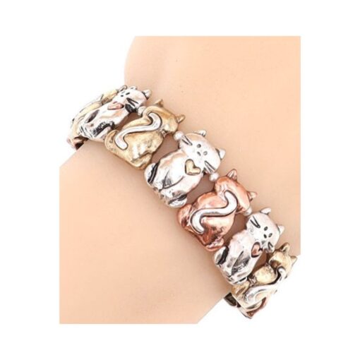 TRI-TONE CAT METAL STRETCH BRACELET. SOLD IN SETS OF 2 ONLY.