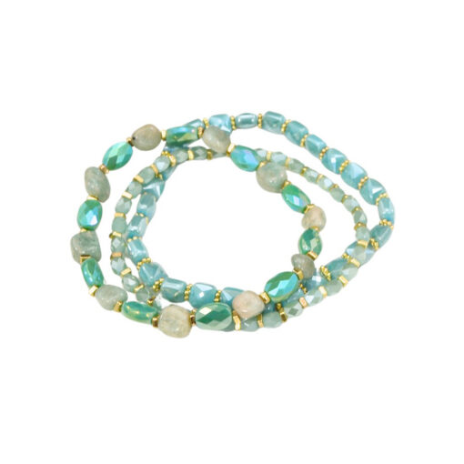 GOLD WITH AQUA BEADS 3 STRETCH BRACELET. SEE 20672 FOR MATCHING NECKLACE SET