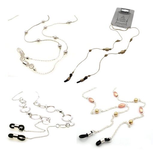 28 INCH EYEGLASS CHAIN HOLDER. 4 ASSORTED STYLES. SOLD IN SETS OF 4 ONLY.