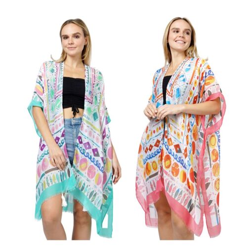 ABSTRACT PRINT KIMONO. MINT, CORAL. SOLD IN SETS OF 2 ONLY.