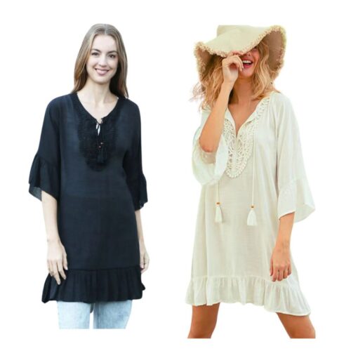 RUFFLE SLEEVE COVER UP/TUNIC DRESS WITH TASSEL TIES. WHITE, BLACK. SOLD IN SETS OF 2 ONLY.