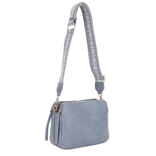 BLUE/GREY TRIPLE COMPARTMENT GUITAR STRAP CROSSBODY. 9.5X7.25X3.75. SEE 29003, 29005, 29006 FOR MORE COLORS