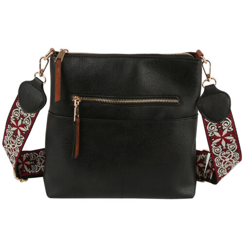 BLACK GUITAR STRAP CROSSBODY WITH FRONT POCKET. 11.5X10.5X2.5. SEE 29007 & 29009 FOR MORE COLORS