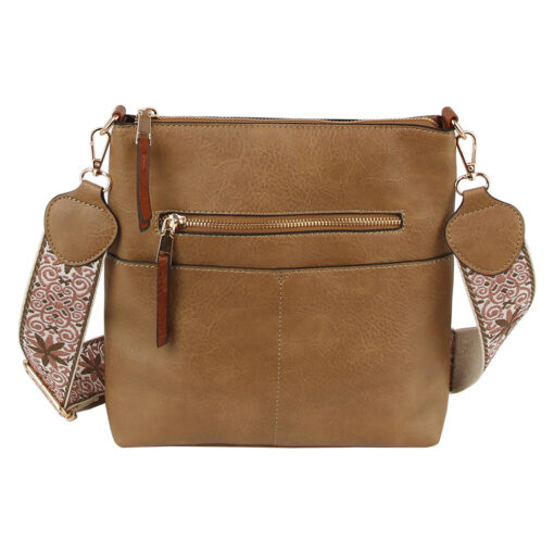 MOCHA GUITAR STRAP CROSSBODY WITH FRONT POCKET. 11.5X10.5X2.5. SEE 29007 & 29008 FOR MORE COLORS.