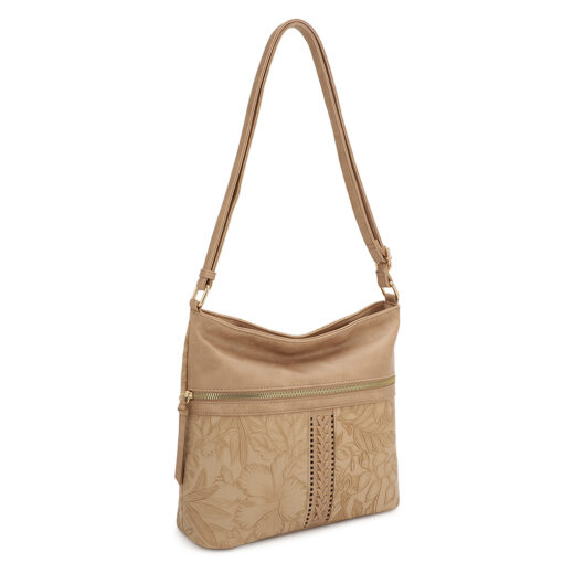 LT. STONE TOOLED EMBOSSED HOBO CROSSBODY. 11.5X10.4X4.4. SEE 29013 & 29020 FOR MORE COLORS