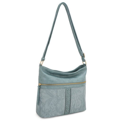 LT. BLUE TOOLED EMBOSSED HOBO CROSSBODY. 11.5X10.4X4.4. SEE 29012 & 29020 FOR MORE COLORS