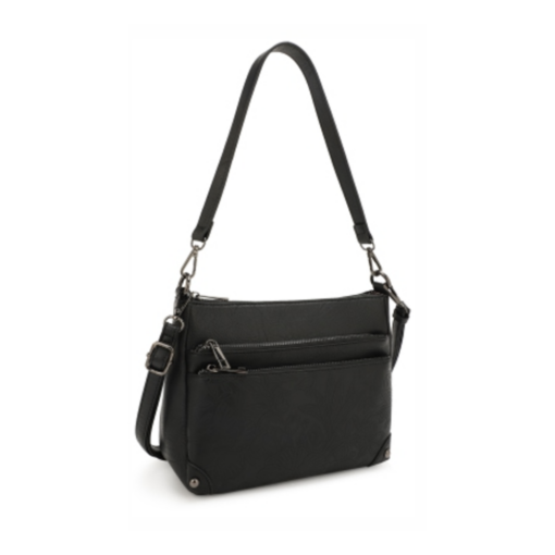 BLACK 3 ZIP COMPARTMENT CROSSBODY/SHOULDER BAG. 10X7.5X4.75. SEE 29014 & 29015 FOR MORE COLORS