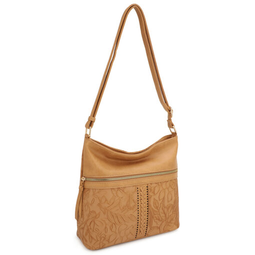 KHAKI TOOLED EMBOSSED HOBO CROSSBODY. 11.5X10.4X4.4. SEE 29012 & 29013 FOR MORE COLORS