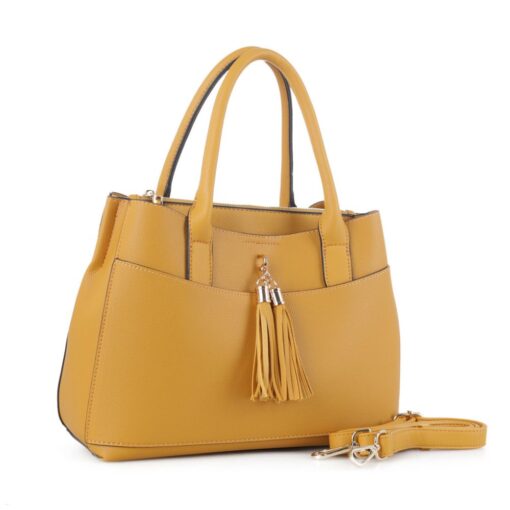 MUSTARD TASSEL ACCENT SATCHEL. 12.5X9.75X5. SEE 29034 FOR BLACK.