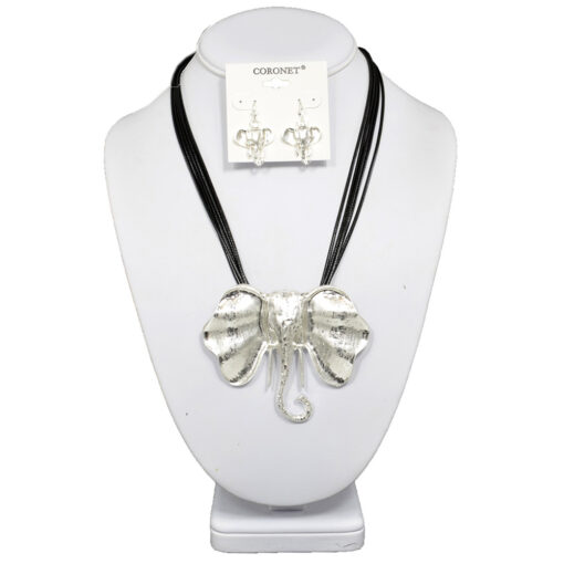 SILVER ELEPHANT ON BLACK CORD NECKLACE SET