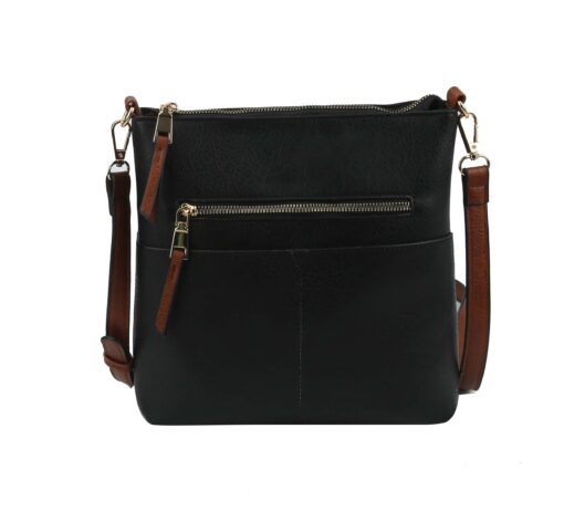 BLACK CROSSBODY WITH BROWN STRAPS. 11.5X10.5X2.5. SEE 29058, 29060, 19644, 19643 FOR MORE COLORS.