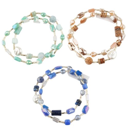 TWO LAYER GOLD & BEADS STRETCH BRACELET. MINT, NATURAL, BLUE. SOLD IN SETS OF 3 ONLY.