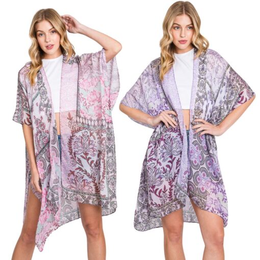 PAISLEY FLOWER KIMONO. PURPLE, PINK. SOLD IN SETS OF 2 ONLY.