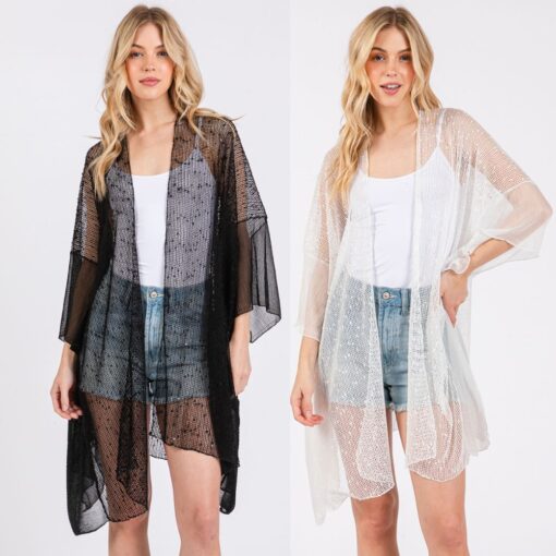 MESH SEQUIN KIMONO. BLACK, WHITE. SOLD IN SETS OF 2 ONLY.