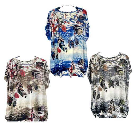 SHORT SLEEVE FEATHERS & BUTTERFLIES TUNIC. BLUE, BEIGE, BLACK. SOLD IN SETS OF 3 ONLY. ARRIVES FEBRUARY 2025